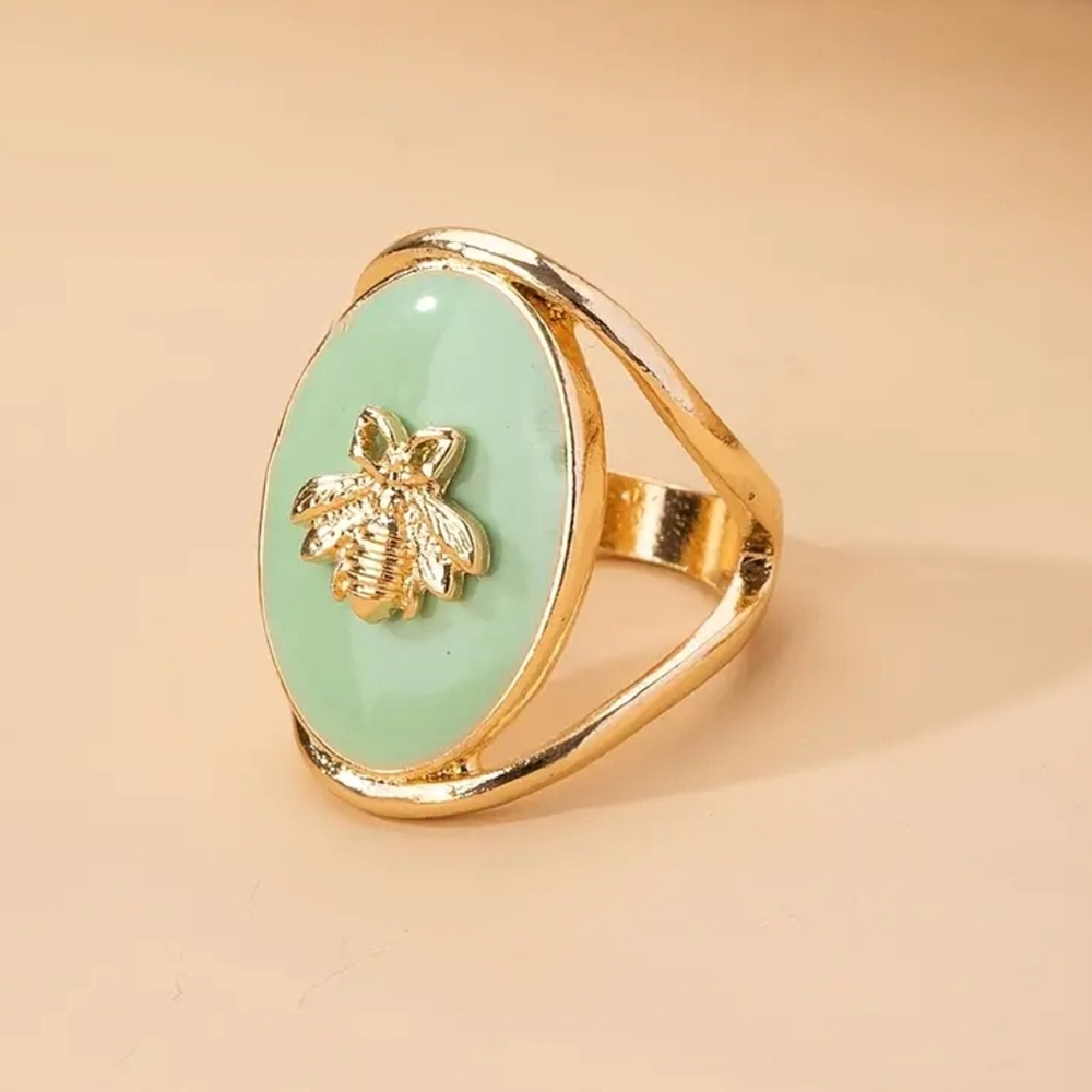 Oval Ice Green & Gold Bee Statement Ring